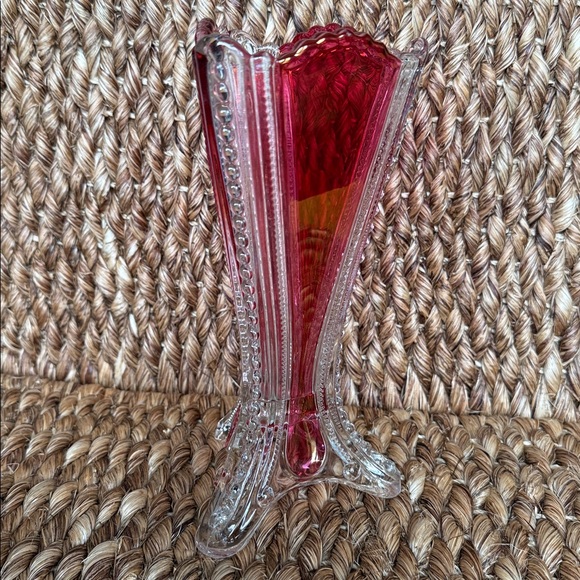Vintage Cranberry Flash Triangle Footed Button Zipper Glass Vase 8.75” - Picture 8 of 17